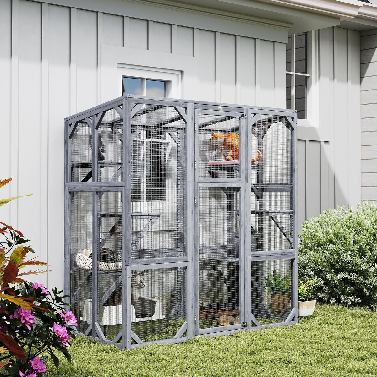 Large Wooden Cat Catio with 6 Jumping Platforms, Weatherproof Roof, Gray