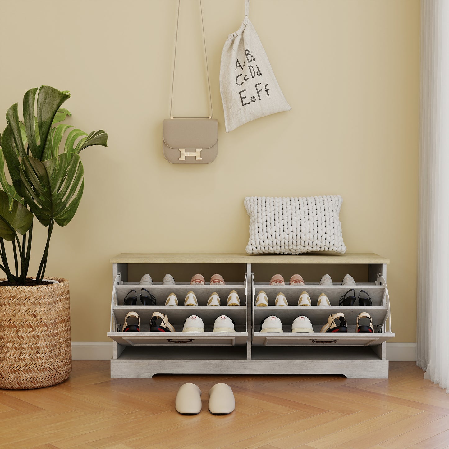 Shoe Storage Bench with 2 Flip Drawers & Adjustable Shelf - Antique White