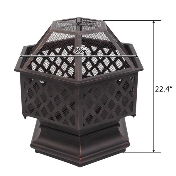 22" Hexagonal Iron Fire Pit Brazier - Cupreous Finish