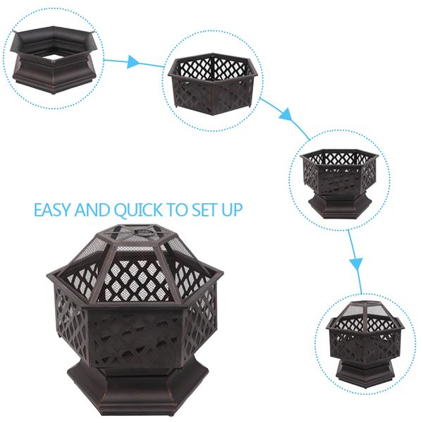 22" Hexagonal Iron Fire Pit Brazier - Cupreous Finish