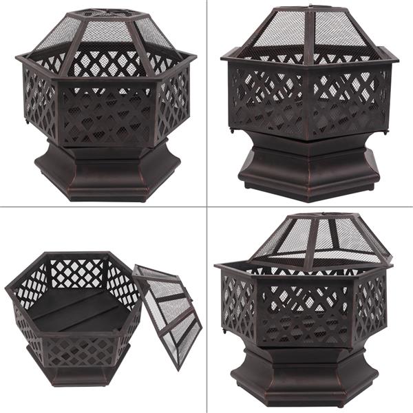 22" Hexagonal Iron Fire Pit Brazier - Cupreous Finish