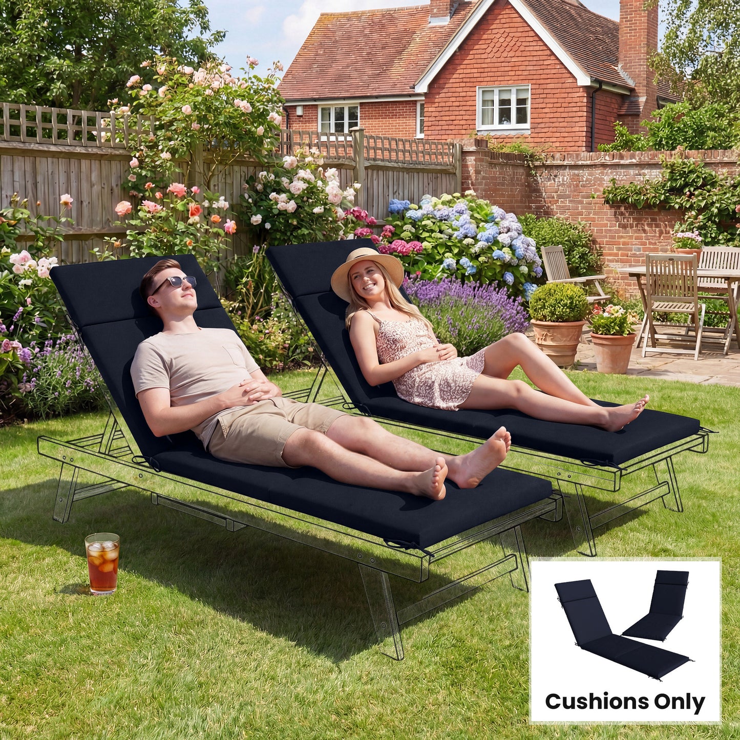 Chaise Lounge Cushions Set of 2 - Navy Blue, High-Density Foam