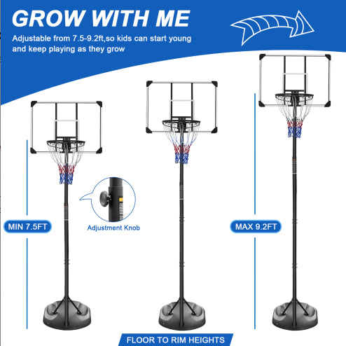 Adjustable Portable Basketball Hoop - 7.5ft to 9.2ft with 32" Backboard