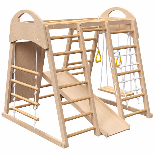 7-in-1 Indoor Jungle Gym Playset for Kids 2-6 Years - Natural Wood