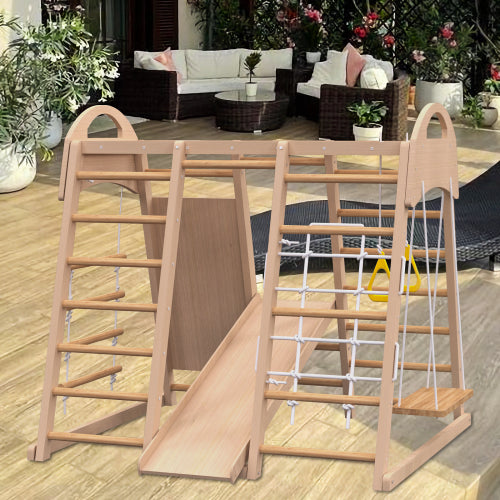 7-in-1 Indoor Jungle Gym Playset for Kids 2-6 Years - Natural Wood
