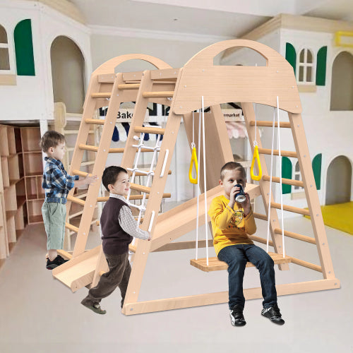 7-in-1 Indoor Jungle Gym Playset for Kids 2-6 Years - Natural Wood