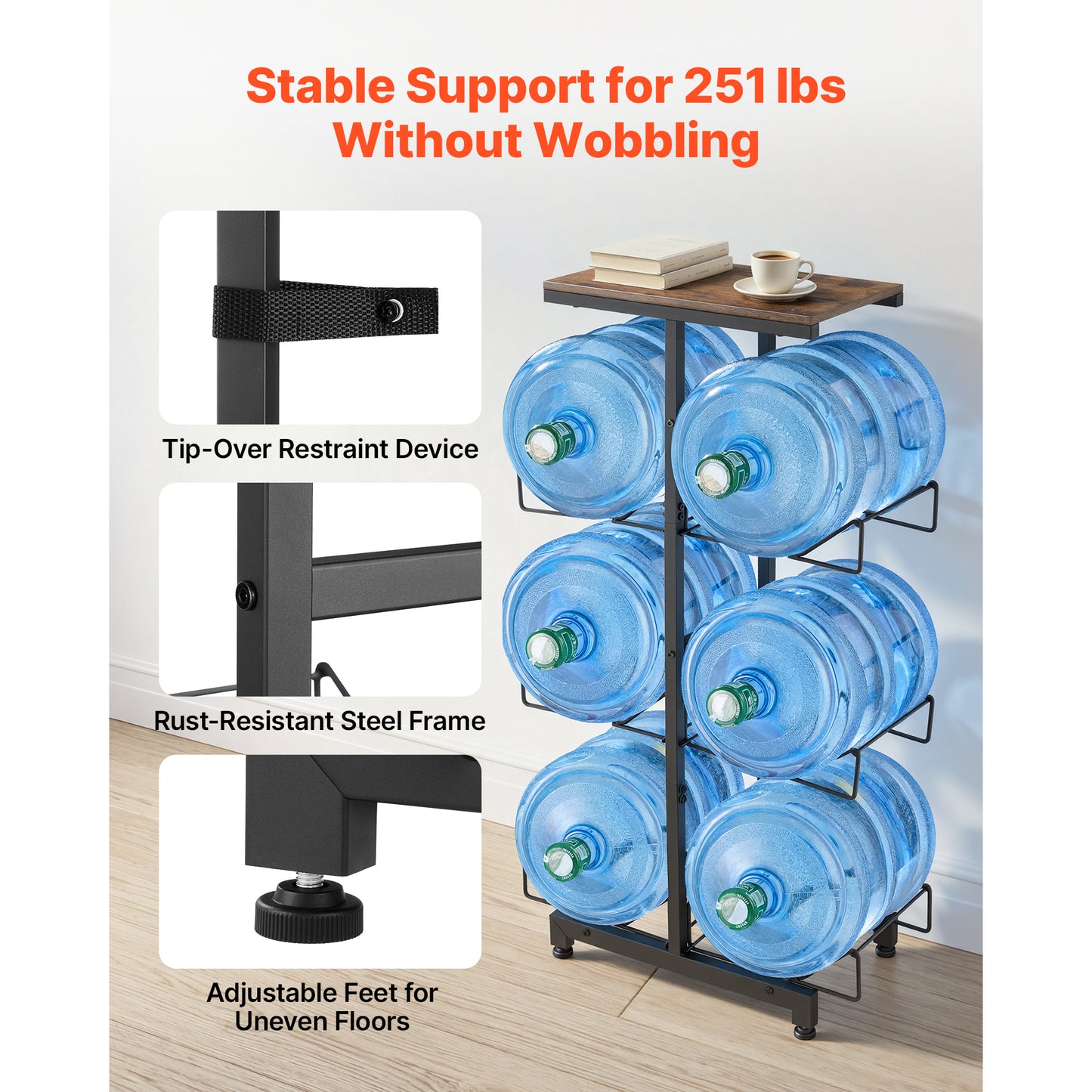 Heavy Duty Water Jug Holder Rack for 3 and 5 Gallon Bottles - 4 Tiers, Foldable Organizer for Kitchen and Office