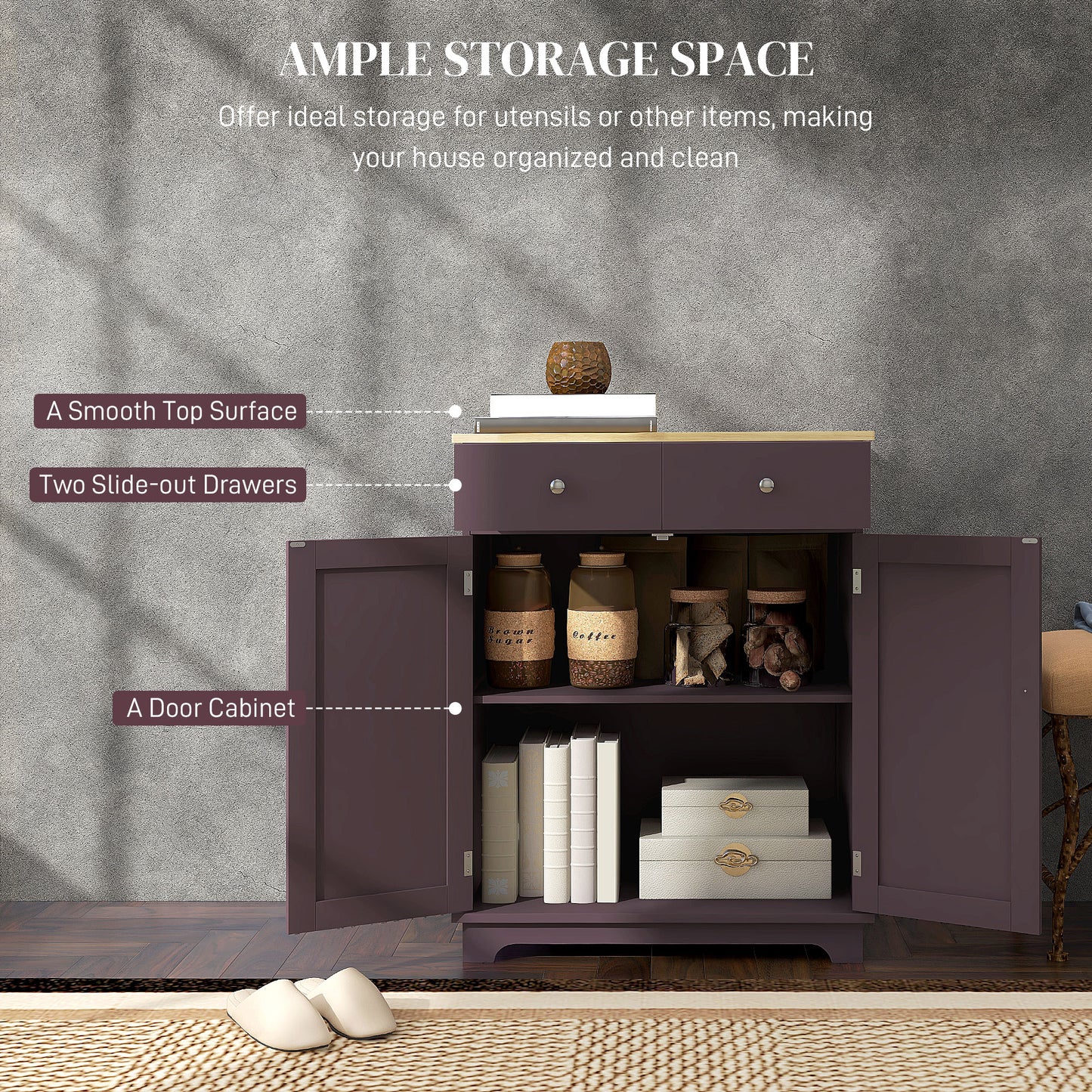 Kitchen Storage Cabinet with Adjustable Shelf & Drawers - Coffee