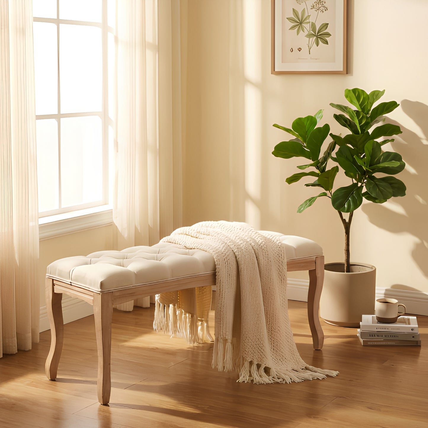 French Vintage Tufted Upholstered Bedroom Bench - Beige