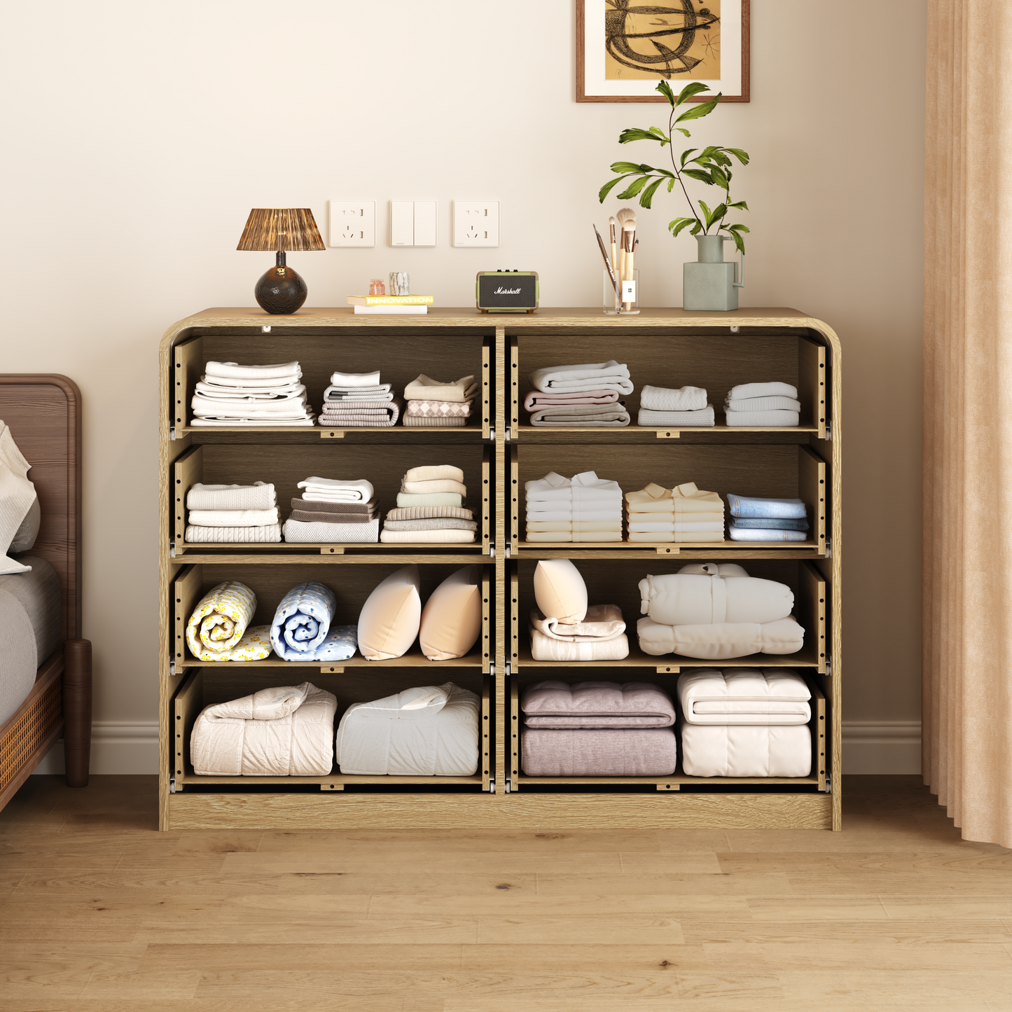 Natural 8-Drawer Dresser with Rattan Front - Wide Storage Cabinet
