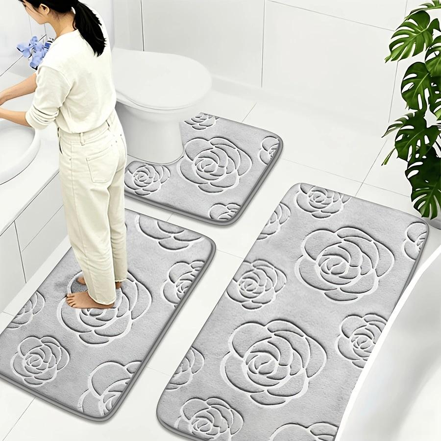 Rose Patterned Non-Slip Coral Fleece Bathroom Mat Set - Gray