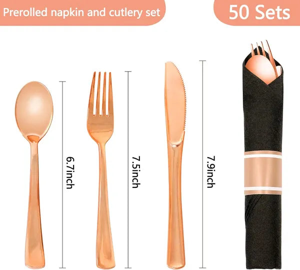 50 Pack Rose Gold Plastic Cutlery Set with Black Napkins - Wrapped