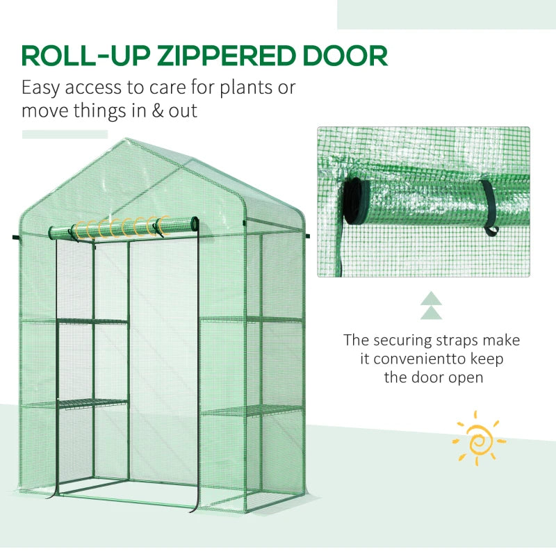 Walk-In Greenhouse with 3 Tiers Shelves, Roll-Up Door & PE Cover - Green