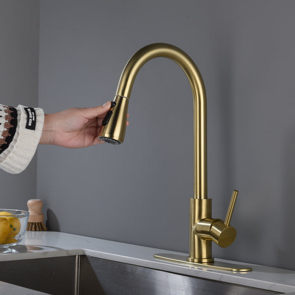Brushed Gold Kitchen Faucet - High Arc Pull Down Sprayer