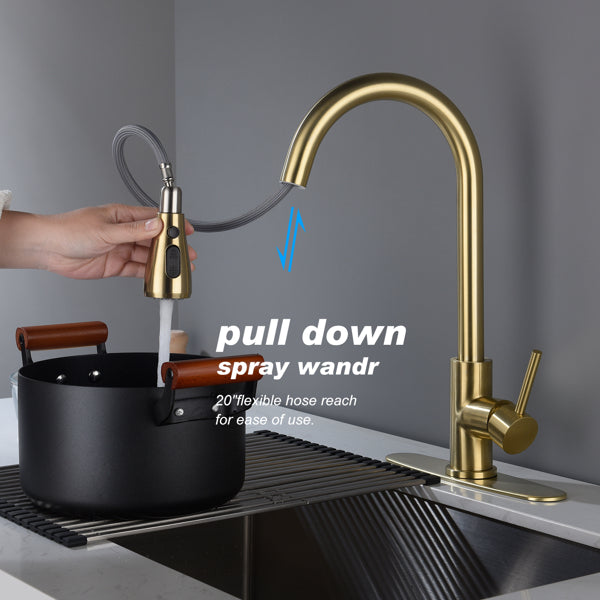 Brushed Gold Kitchen Faucet - High Arc Pull Down Sprayer