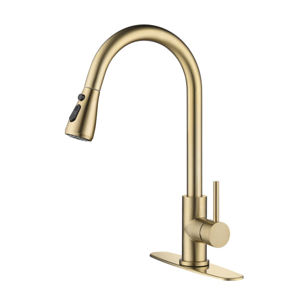 Brushed Gold Kitchen Faucet - High Arc Pull Down Sprayer
