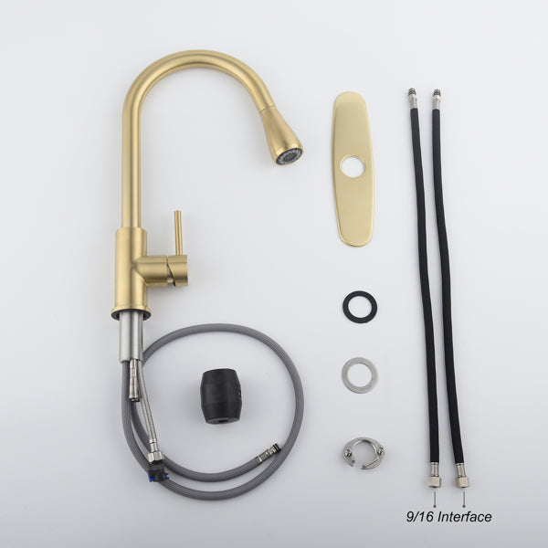 Brushed Gold Kitchen Faucet - High Arc Pull Down Sprayer