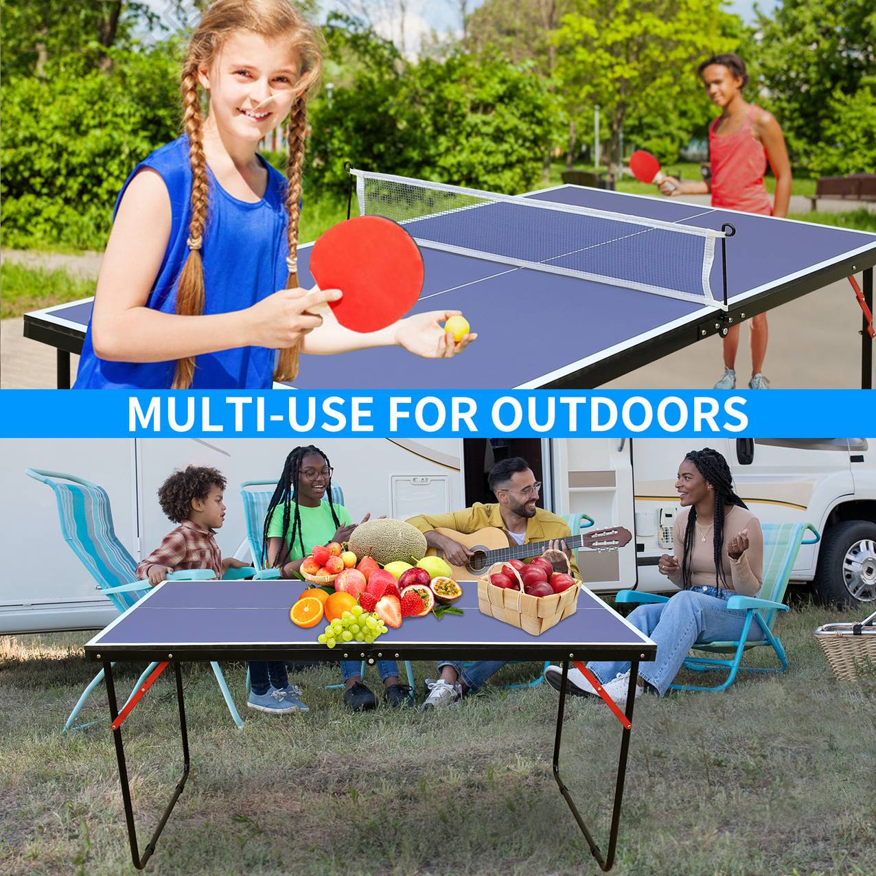 Portable Ping Pong Table Set with Net & 2 Paddles - Blue