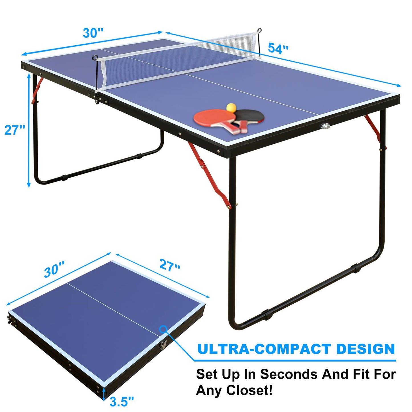 Portable Ping Pong Table Set with Net & 2 Paddles - Blue