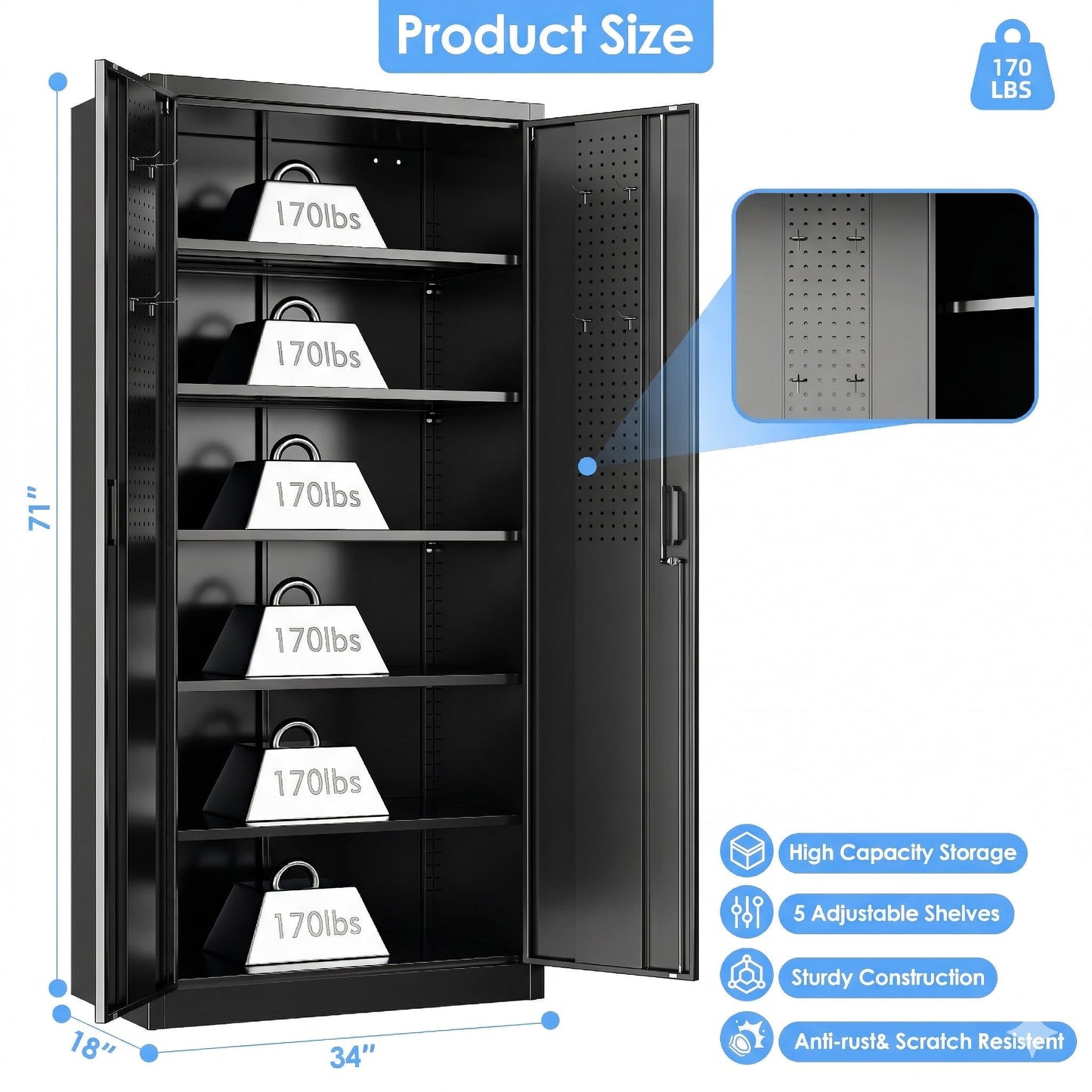 Locking Garage Storage Cabinet with 5 Adjustable Shelves - Black