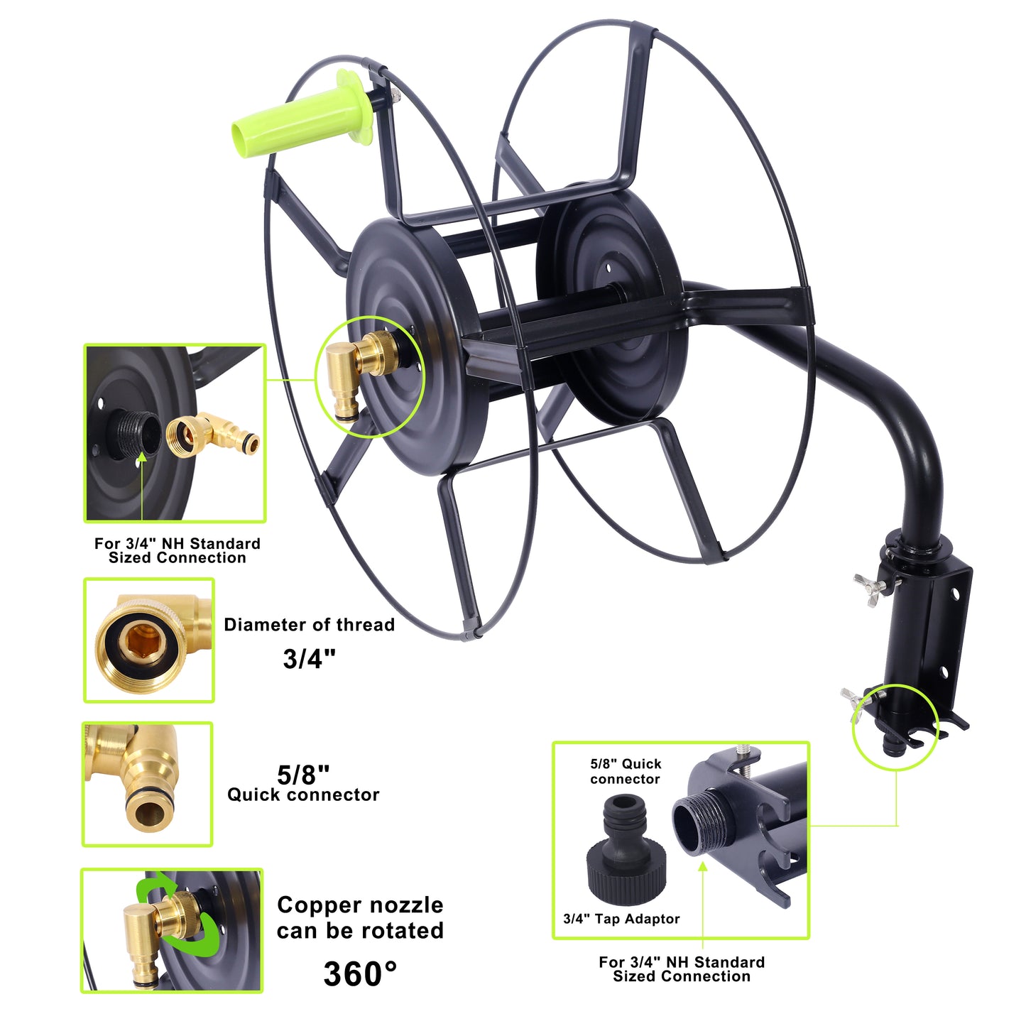 Wall Mount Swivel Garden Hose Reel with Quick Connectors, 82 Ft Black