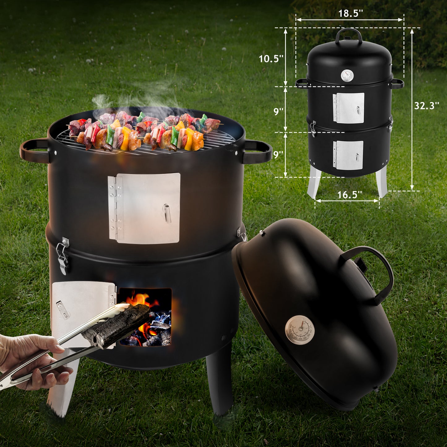 Vertical Steel Charcoal Smoker - Double-Walled BBQ Grill - Black