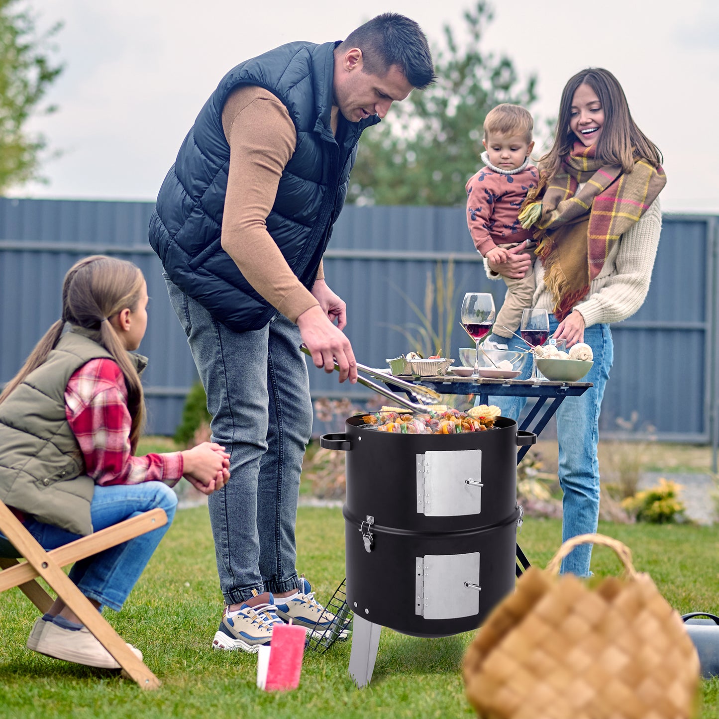 Vertical Steel Charcoal Smoker - Double-Walled BBQ Grill - Black