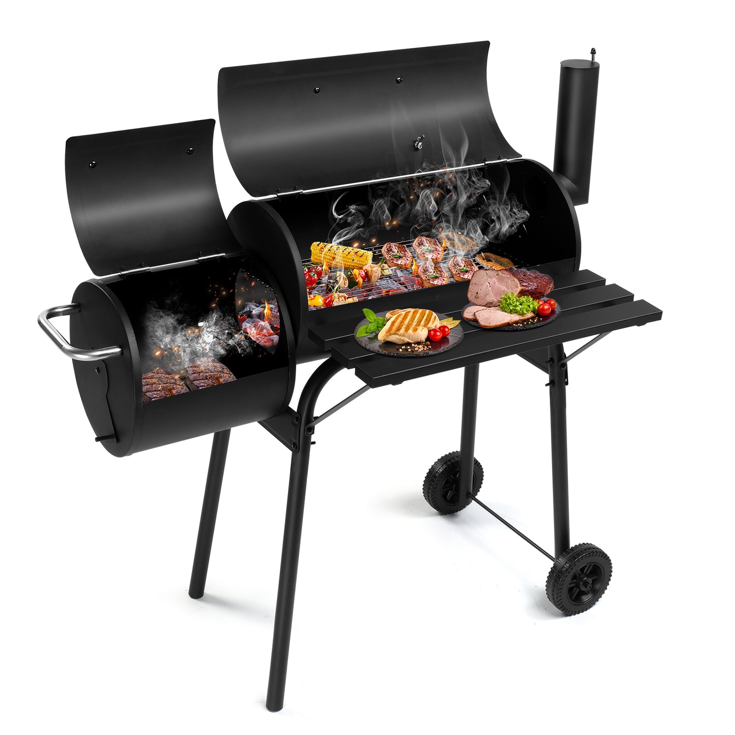 Charcoal Grill with Offset Smoker - Black, Wheeled Double Cylinder