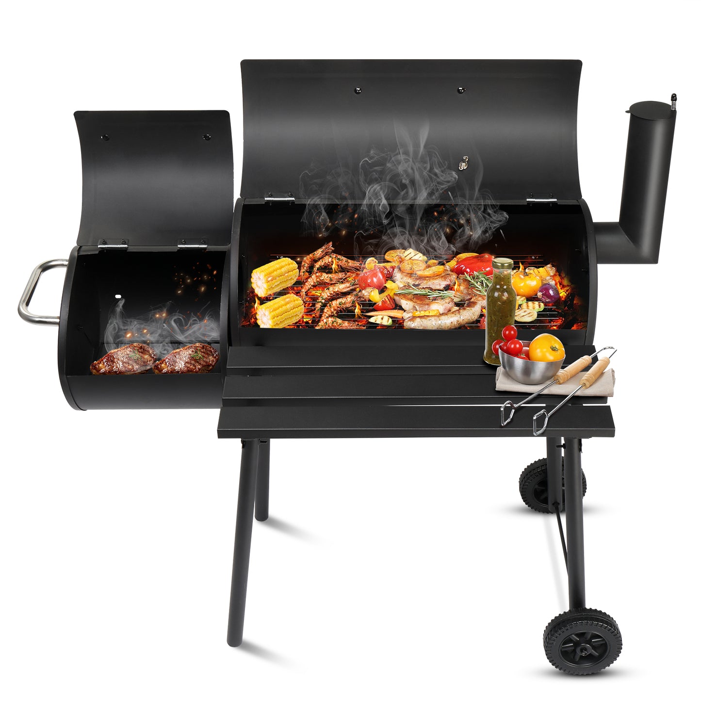 Charcoal Grill with Offset Smoker - Black, Wheeled Double Cylinder