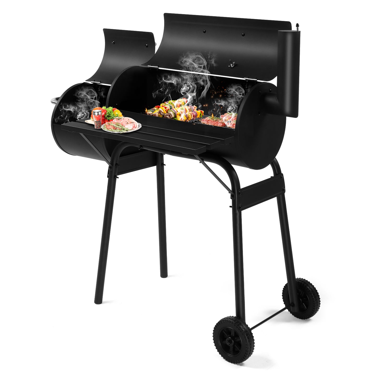Charcoal Grill with Offset Smoker - Black, Wheeled Double Cylinder