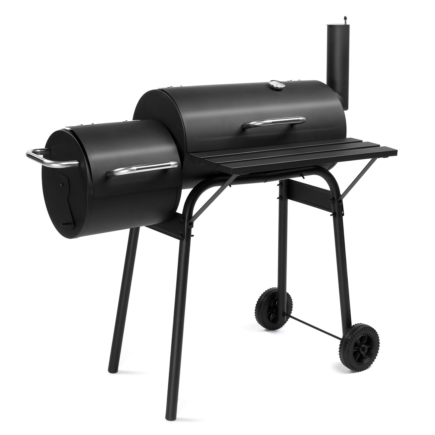 Charcoal Grill with Offset Smoker - Black, Wheeled Double Cylinder