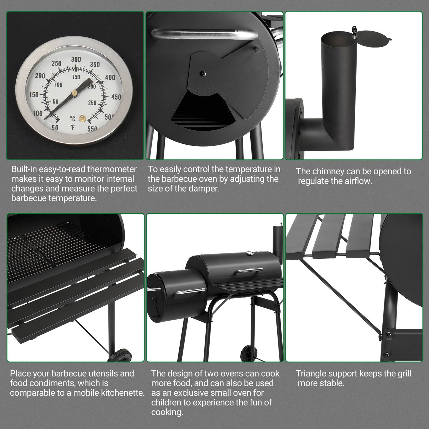 Charcoal Grill with Offset Smoker - Black, Wheeled Double Cylinder