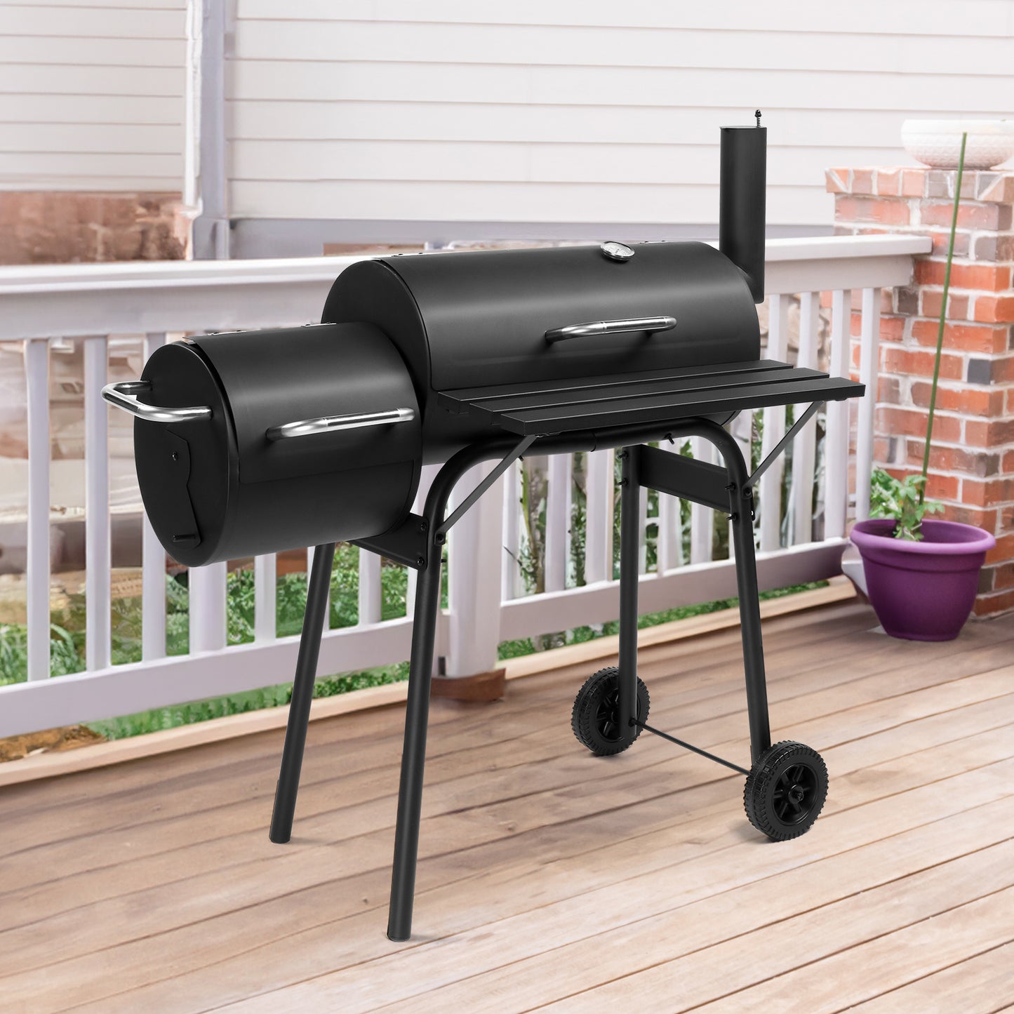 Charcoal Grill with Offset Smoker - Black, Wheeled Double Cylinder