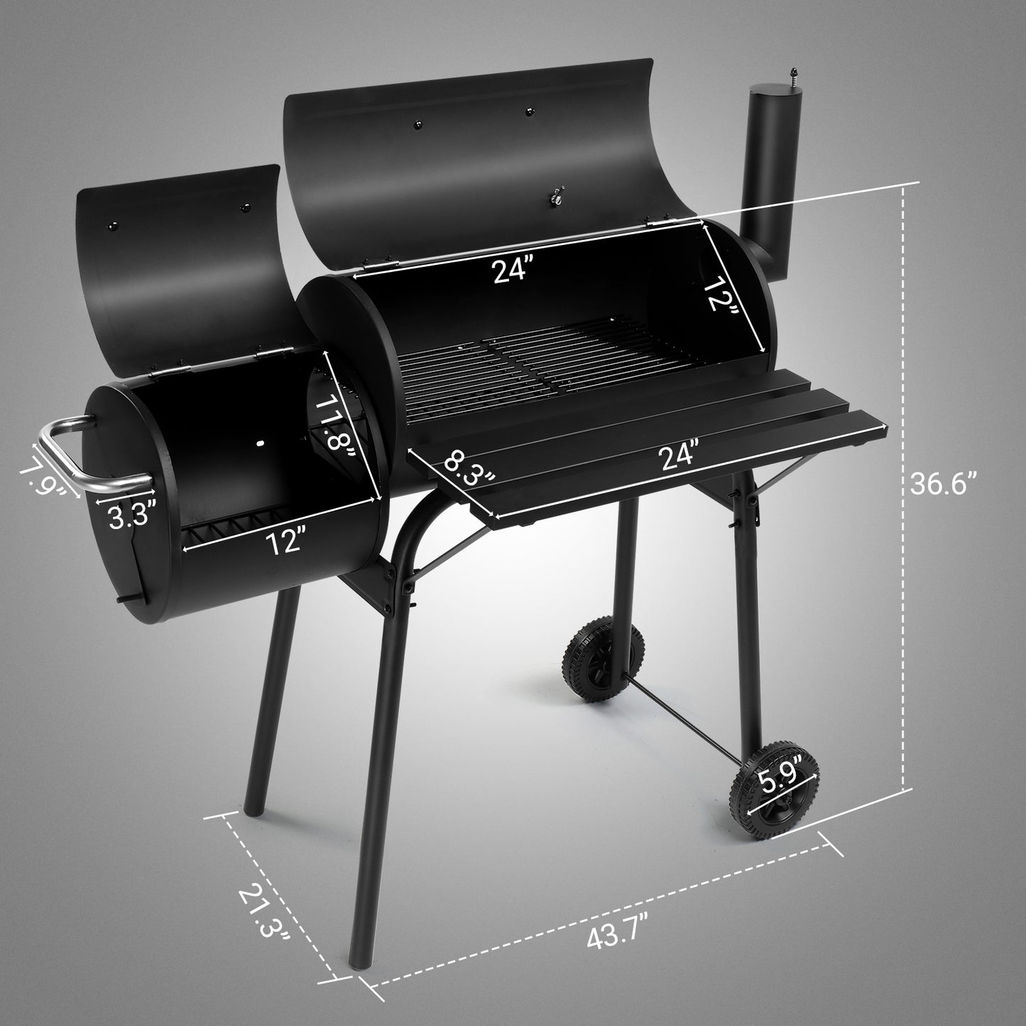 Charcoal Grill with Offset Smoker - Black, Wheeled Double Cylinder