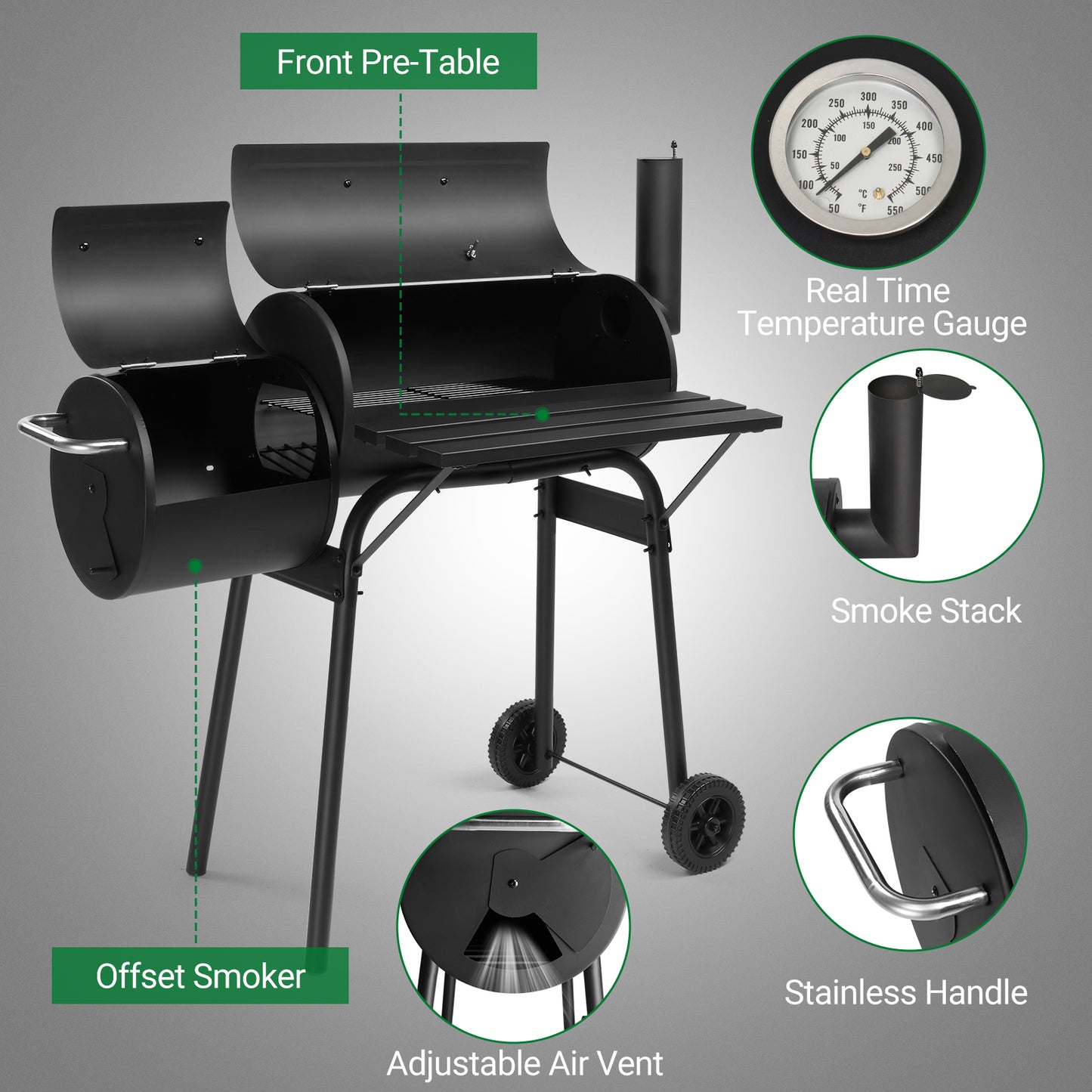 Charcoal Grill with Offset Smoker - Black, Wheeled Double Cylinder