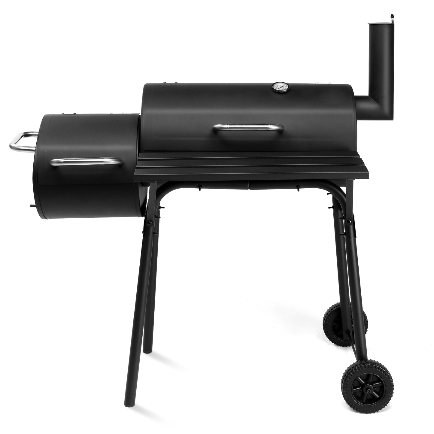Charcoal Grill with Offset Smoker - Black, Wheeled Double Cylinder