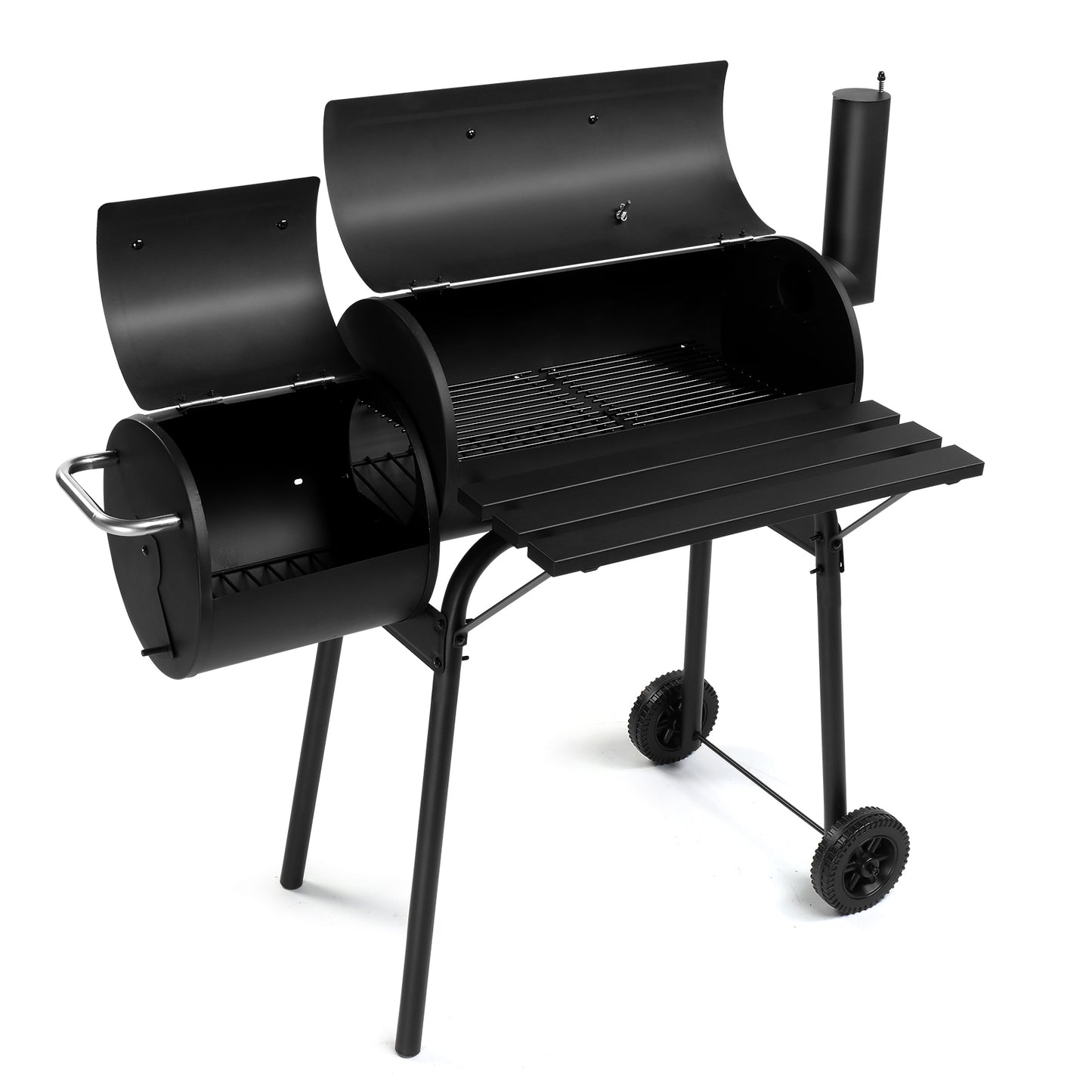 Charcoal Grill with Offset Smoker - Black, Wheeled Double Cylinder