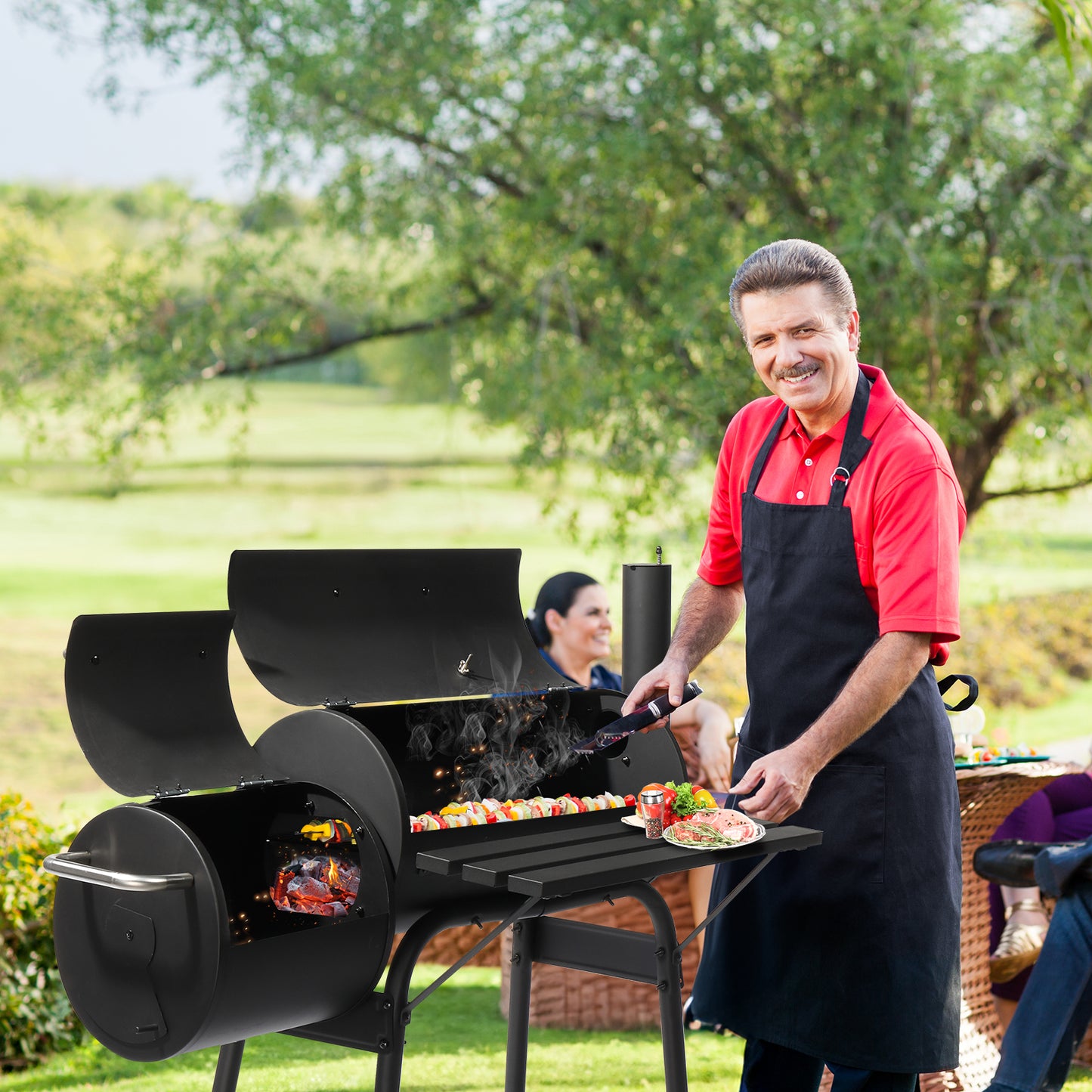 Charcoal Grill with Offset Smoker - Black, Wheeled Double Cylinder