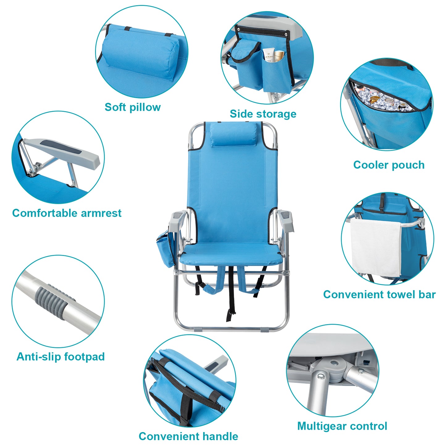 Lightweight Folding Beach Chair with Adjustable Back - Blue