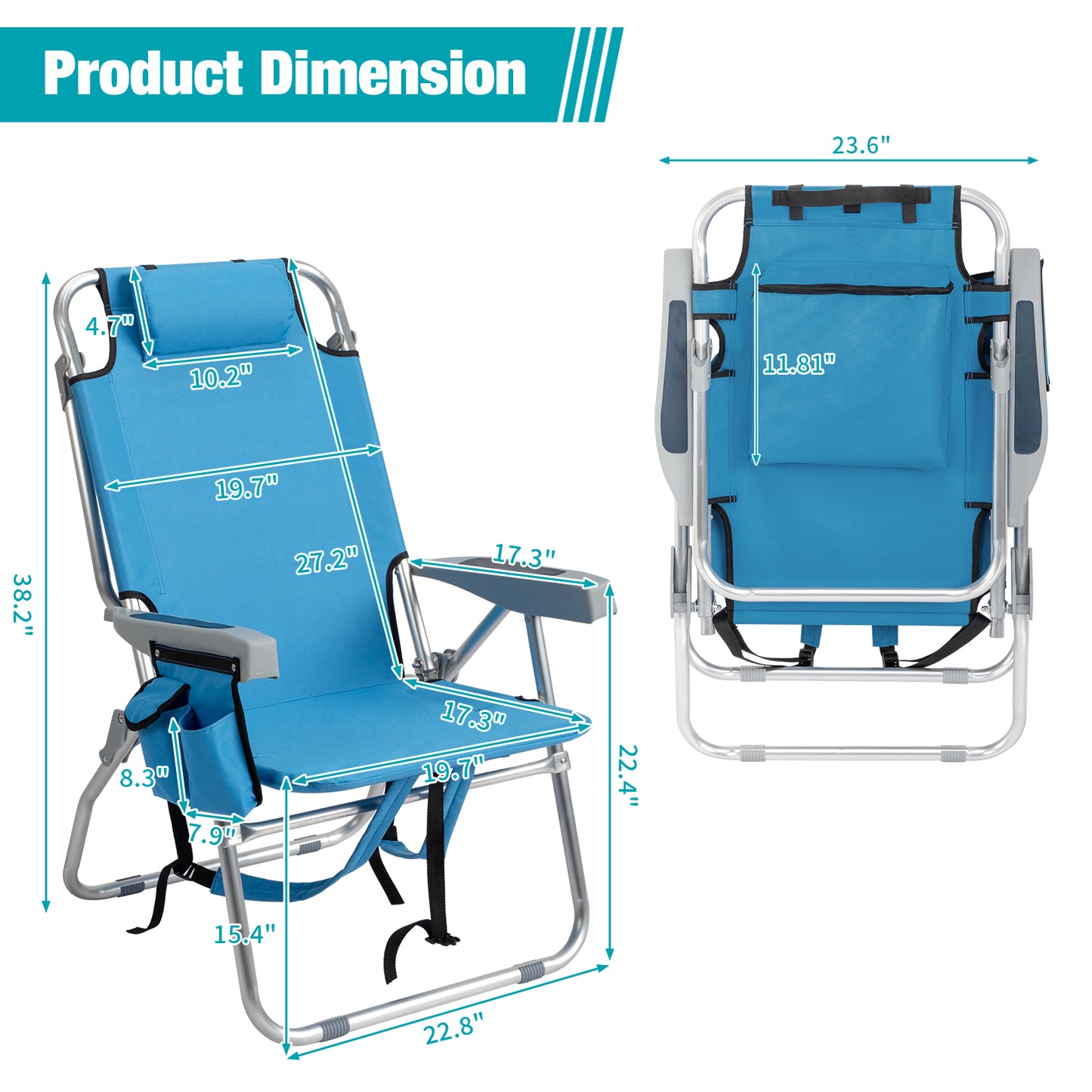 Lightweight Folding Beach Chair with Adjustable Back - Blue
