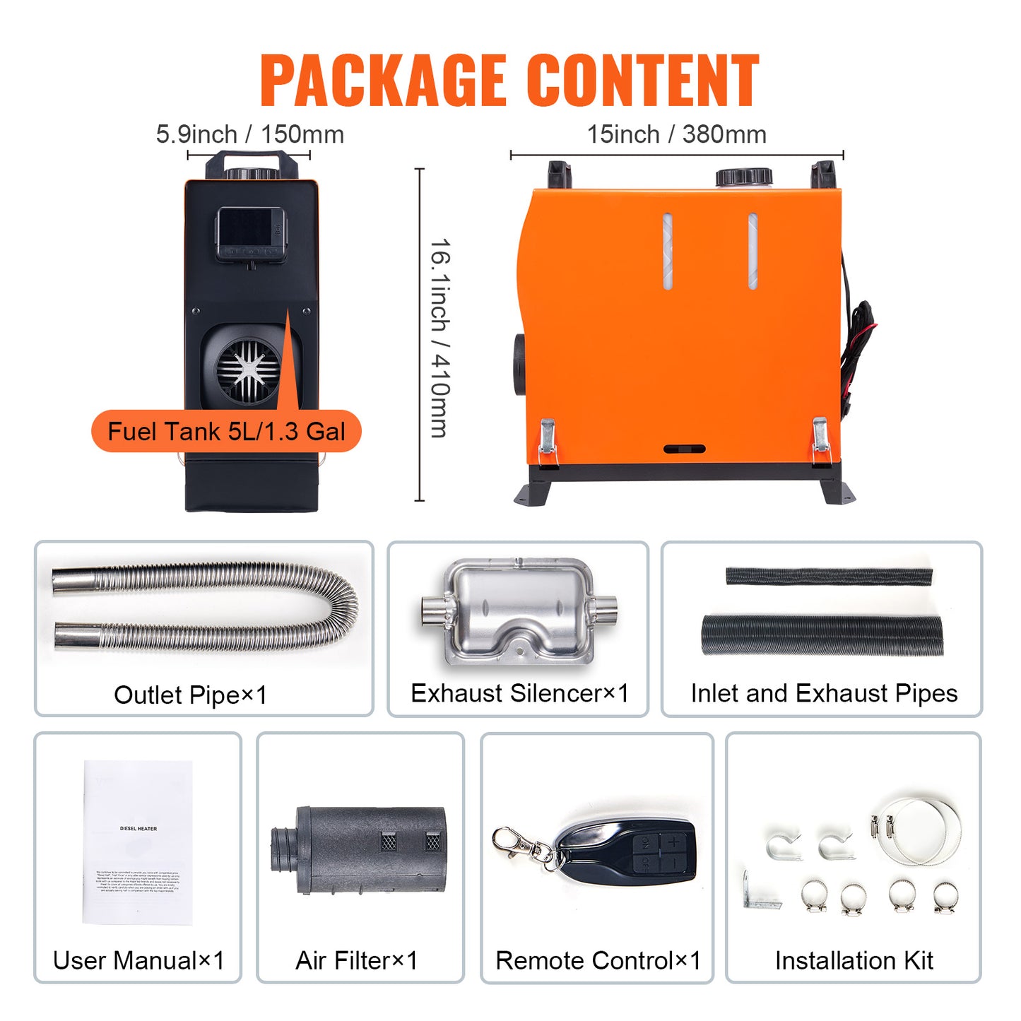 12V 5KW Portable Diesel Heater with Remote Control & LCD - 5L Fuel Tank