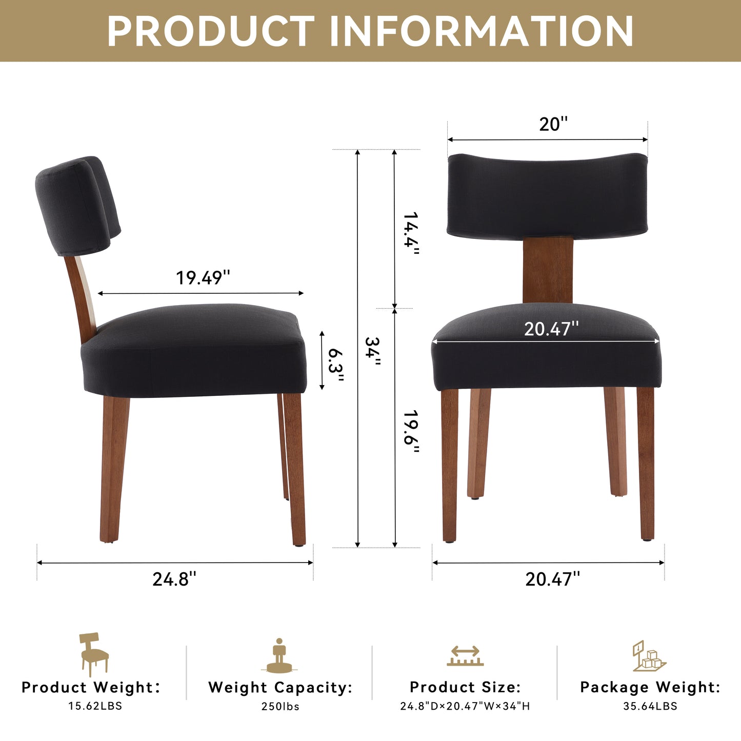 Modern Linen Fabric Dining Chairs - Set of 2, Black