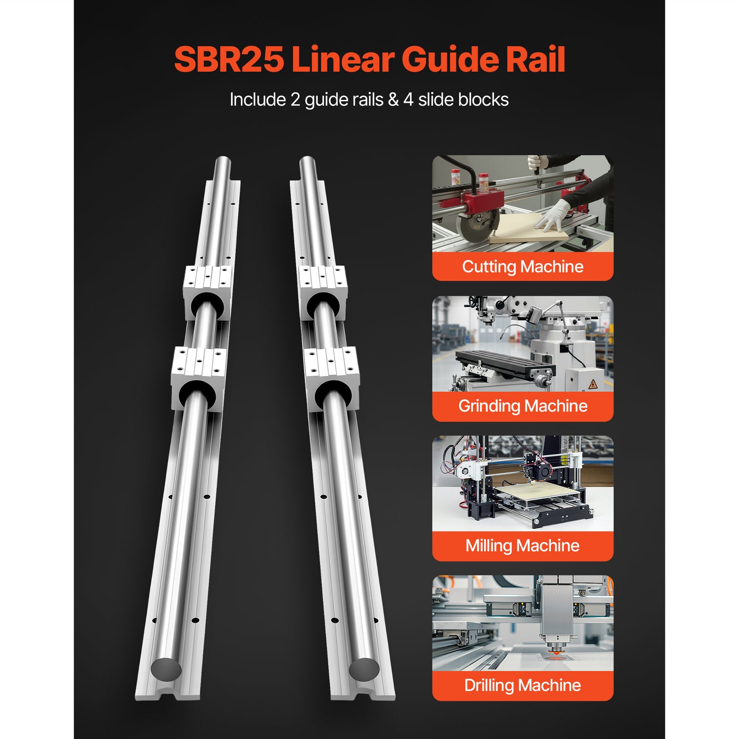 Linear Rail Kit 1200mm SBR25 2Pcs Guide Rails & 4 Bearing Blocks for Machinery