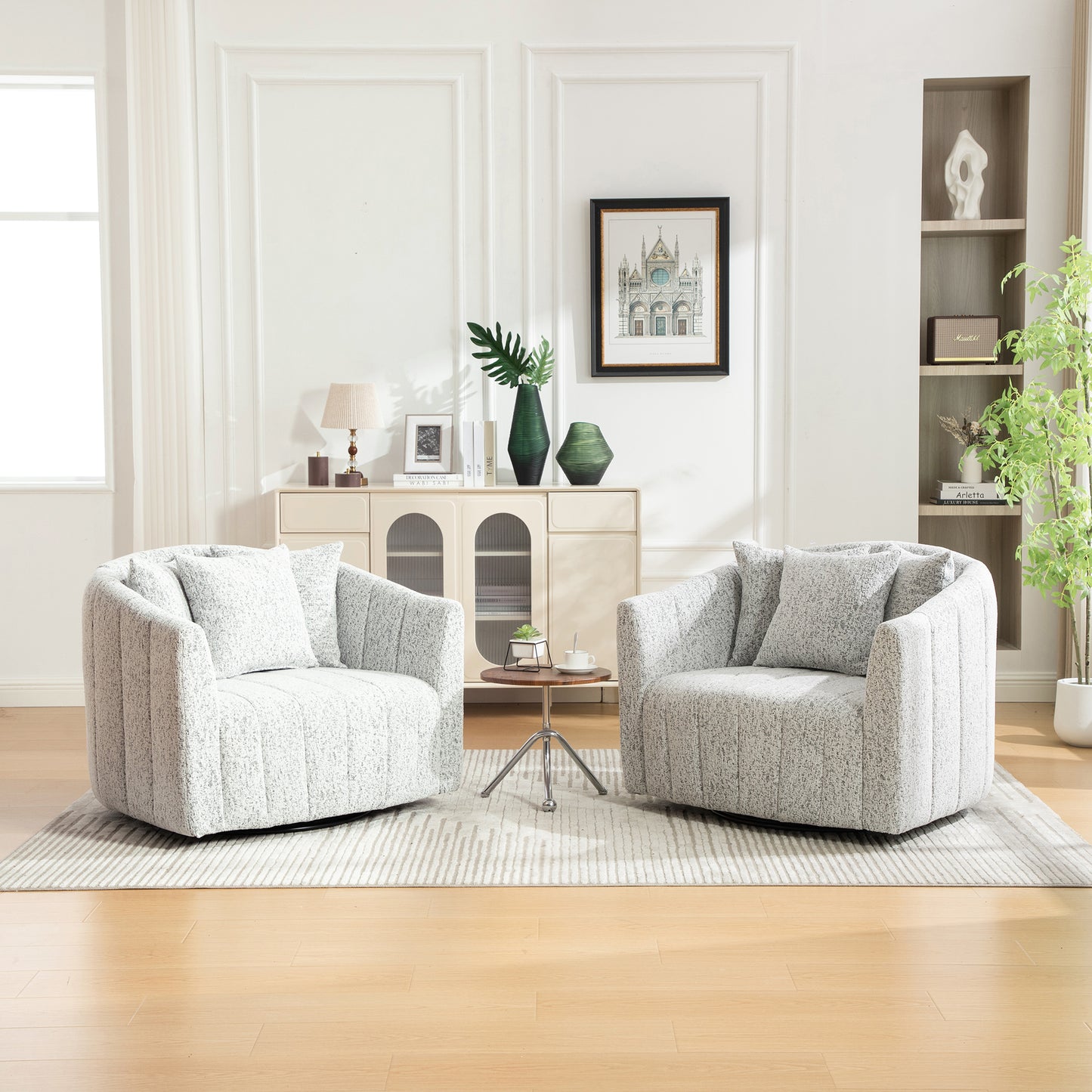 Oversized 360° Swivel Accent Barrel Chair with 3 Pillows - White/Black