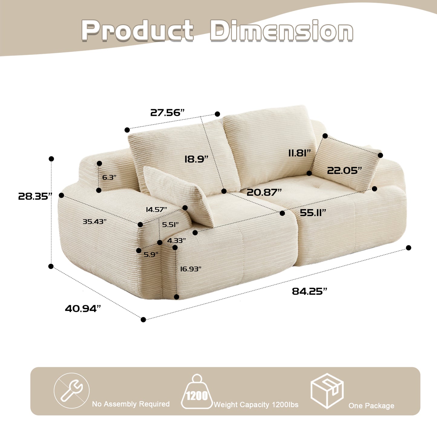 Memory Foam 2-Seater Sectional Sofa - Beige Corduroy