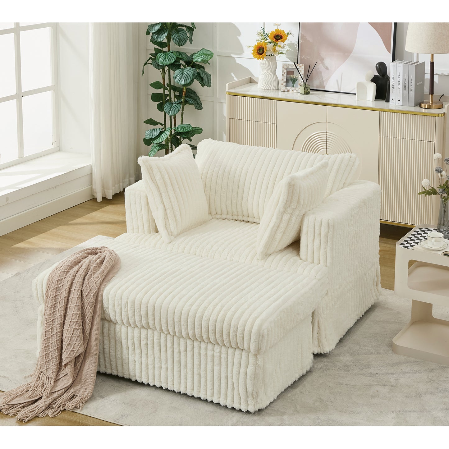 Oversized Corduroy Chaise Longue with Ottoman - Beige