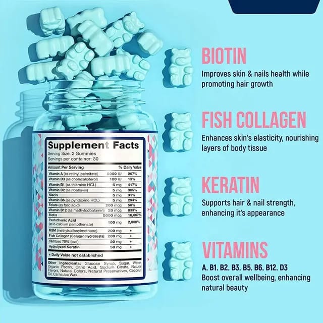 Hair Nails Skin Gummies With Biotin Keratin Collagen - 60pc
