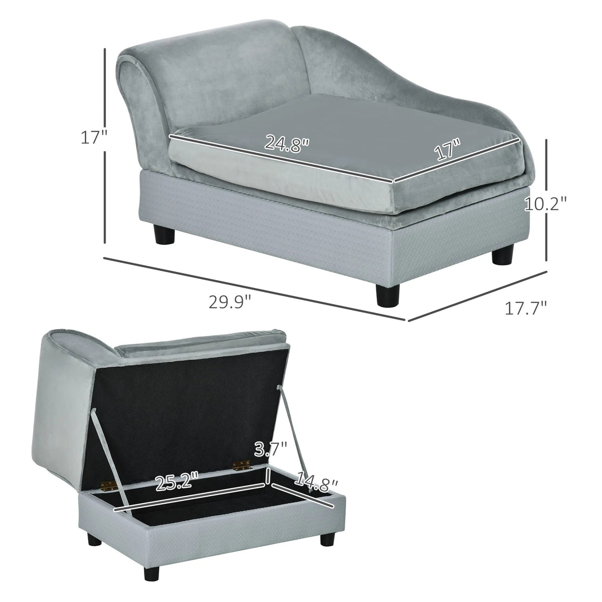 Grey Dog Bed with Hidden Storage, Soft Foam Couch for Small Dogs