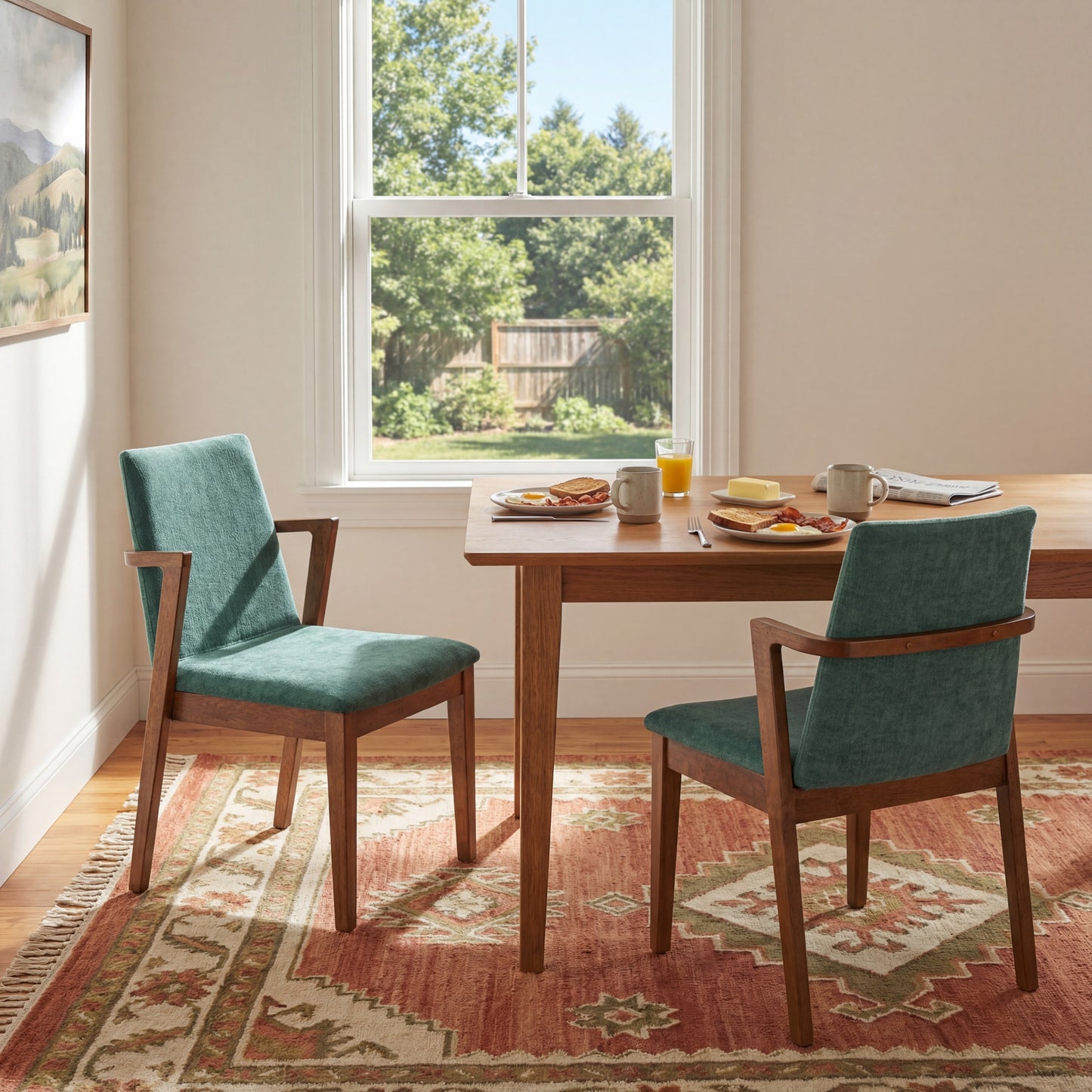 Mid-Century Modern Dining Chairs Set of 2 - Green Upholstered Armchairs
