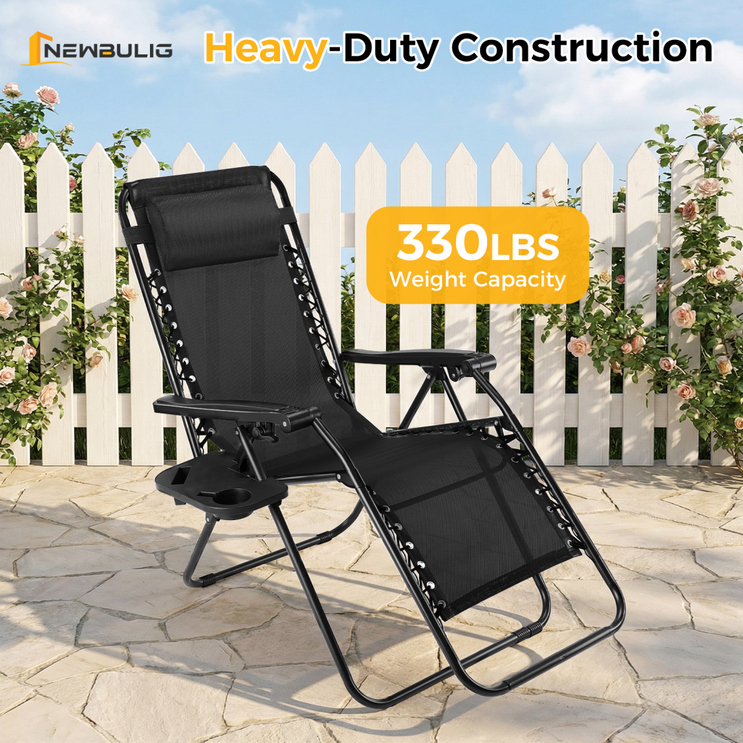 Set of 2 Folding Recliner Lounge Chairs with Pillow & Cup Holder
